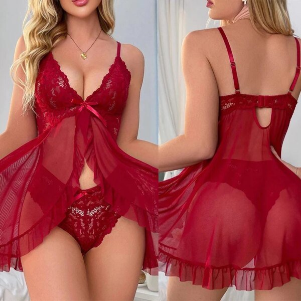lenceria مثير الملابس الداخلية النساء شفافة فستان النوم ثونغ مجموعة الدانتيل العميق الخامس الرقبة بيجامة فستان تول حبال أطقم داخلية رائعة