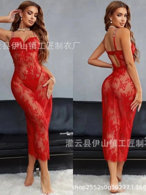 جديد مثير الدانتيل شبكة زهرة التطريز عارية الذراعين العميق الخامس الحمالات أكمام فستان طويل المرأة رقيقة نقية الرغبة نمط غير رسمي gut0