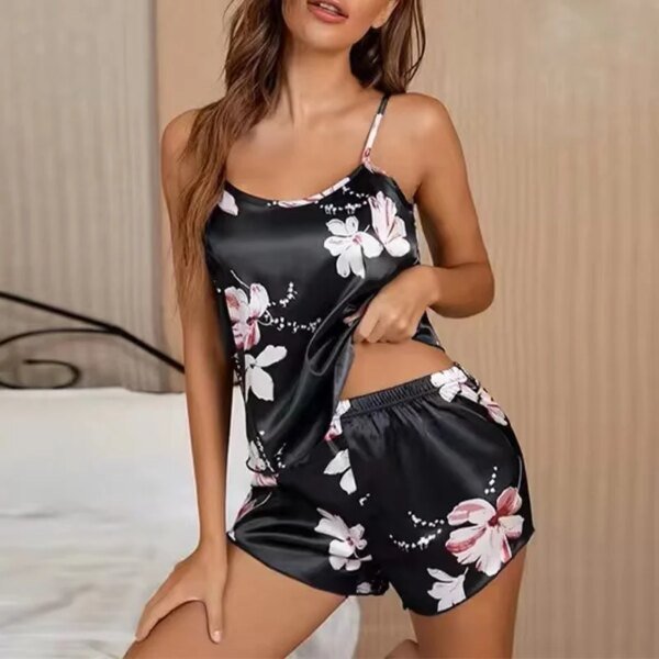 طقم بيجامة حريمي ملابس نوم من الساتان بيجامة صيفية مطبوعة بالزهور ملابس داخلية مثيرة للنساء بدون أكمام ملابس نوم ملابس منزلية