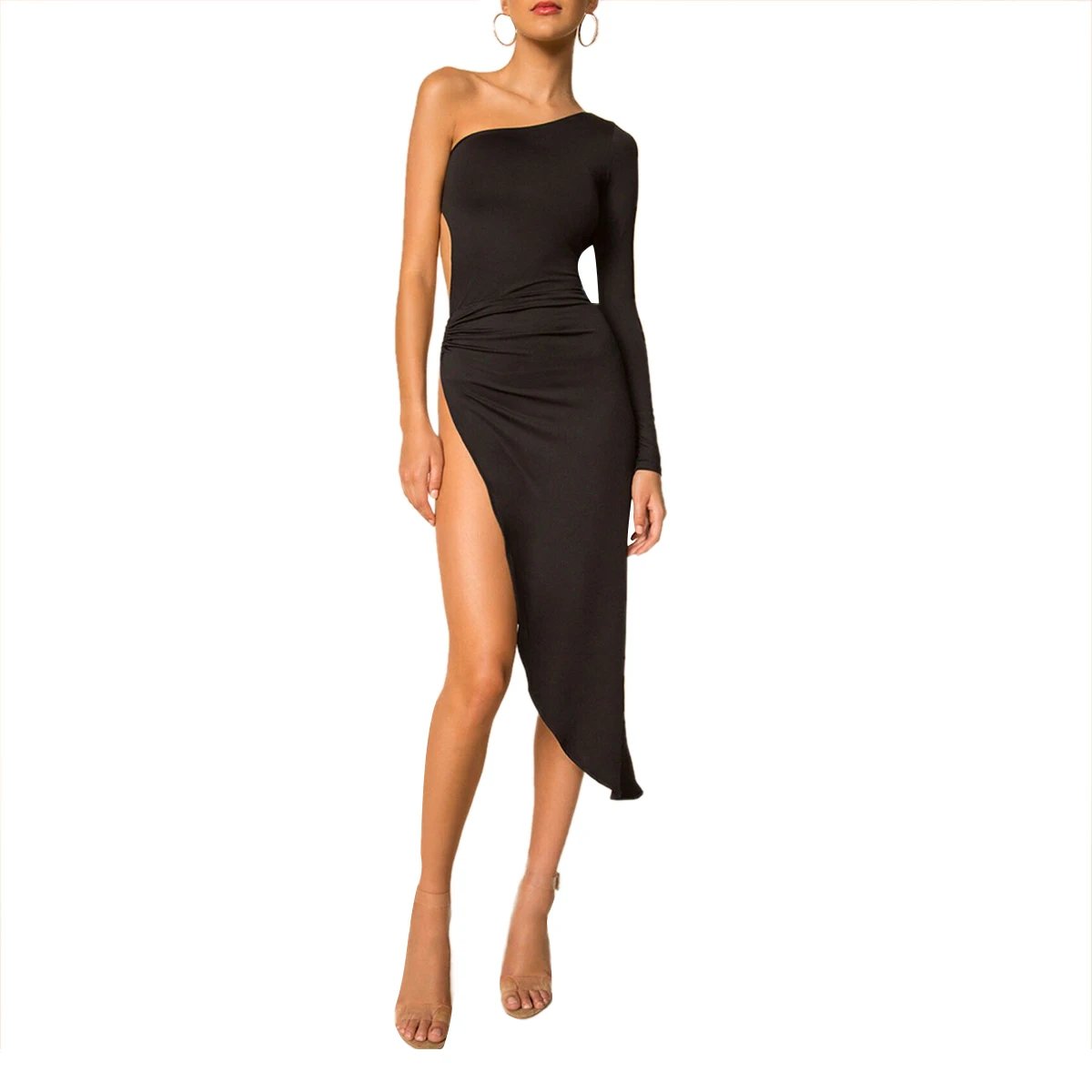 combhasaki فستان نسائي مثير مطاطي ، أكمام طويلة ، كتف واحد ، لون واحد ، ثقب جانبي ، مفرغ ، انقسام عالي ، فستان حفلة