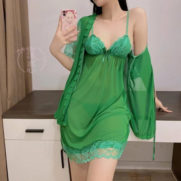 ملابس نوم مثيرة 100% خصم فستان نوم مكشكش مزين بالدانتيل ملابس داخلية شبكية شفافة من الدانتيل مجموعة ملابس منزلية
